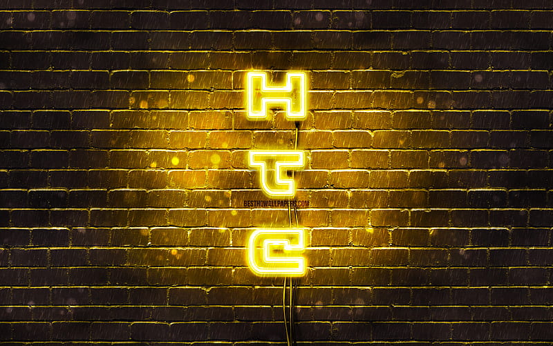 HTC yellow logo, vertical text, yellow brickwall, HTC neon logo, creative, HTC logo, artwork, HTC, HD wallpaper