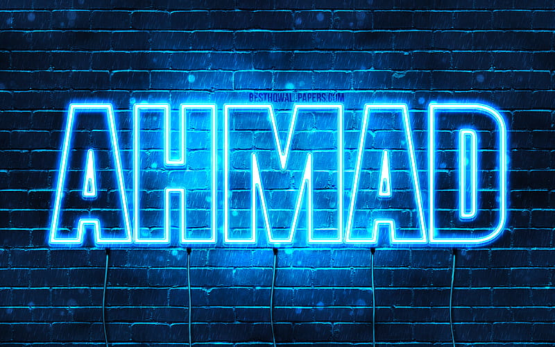 Ahmad with names, horizontal text, Ahmad name, blue neon lights, with Ahmad name, HD wallpaper