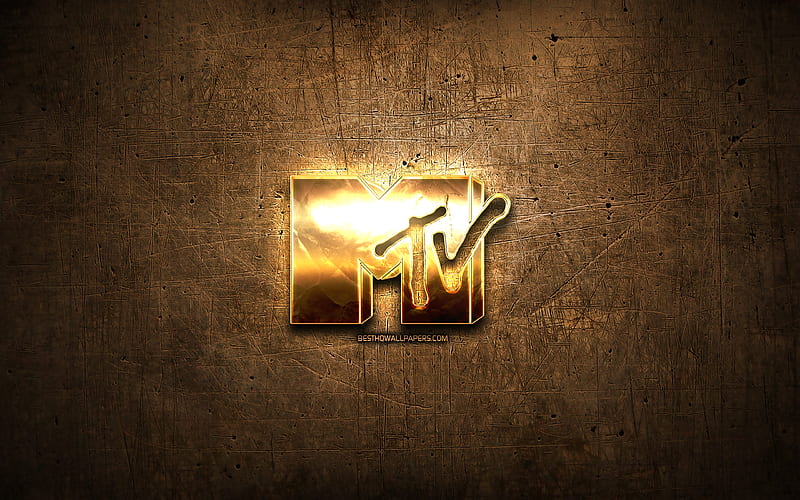 MTV golden logo, artwork, brown metal background, creative, MTV logo, brands, MTV, HD wallpaper
