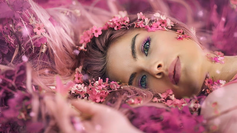 Girl and pink flowers, pretty, female, bonito, woman, mood, girl, serene, people, flowers, face, pink, HD wallpaper