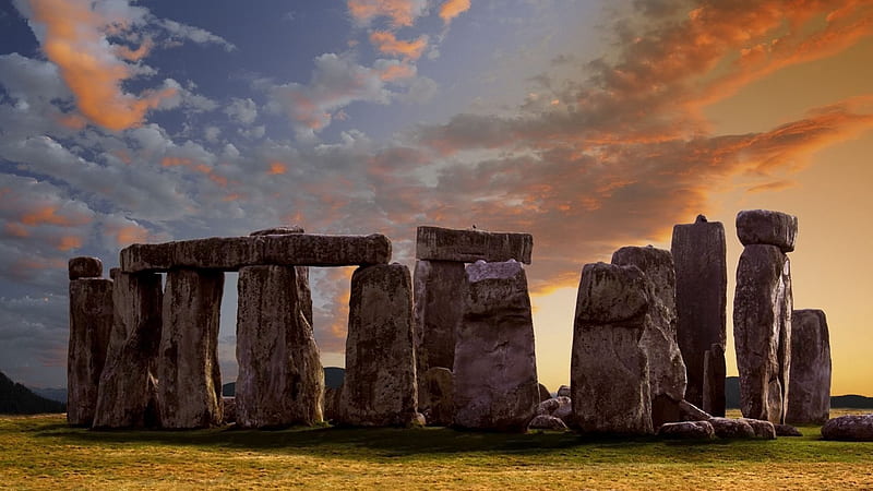 Stonehenge, colors sunset, sky, clouds nature, fields, sunrise, celtic, HD wallpaper