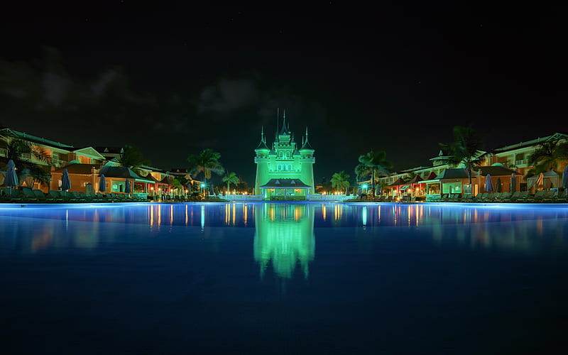 Punta Cana, Dominican Republic, resort, night, pool, castle, La Altagracia Province, summer travel, HD wallpaper