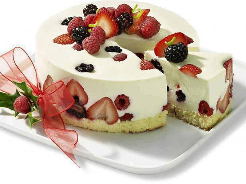 Have a slice, cake, red, pretty, food, fruit, berries, tasty, white, cheescake, HD wallpaper