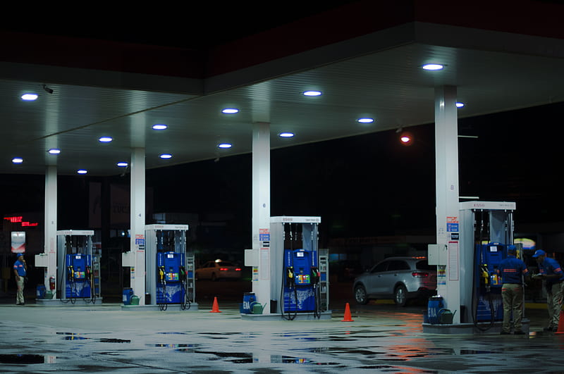 person taking a of blue and white gasoline station, HD wallpaper