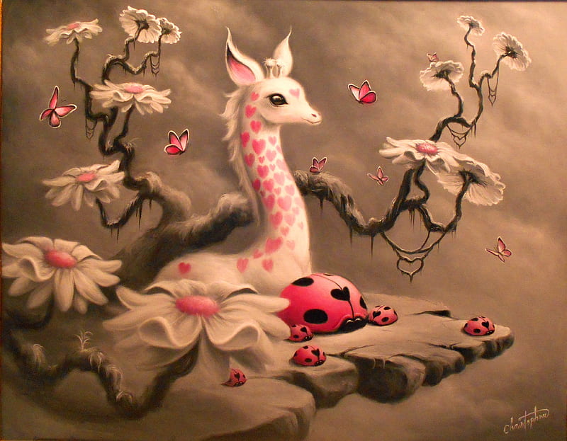 White giraffe, art, luminos, christopherpollari, ladybug, fantasy, butterfly, painting, flower, insect, anima, pink, HD wallpaper