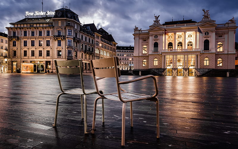 switzerland, zurich, building, chairs, dark weather, lights, City, HD wallpaper