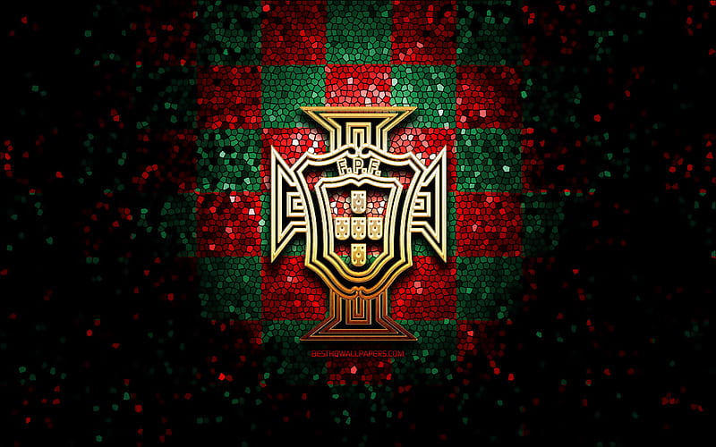 Portuguese football team, glitter logo, UEFA, Europe, red green checkered background, mosaic art, soccer, Portugal National Football Team, PFF logo, football, Portugal, HD wallpaper