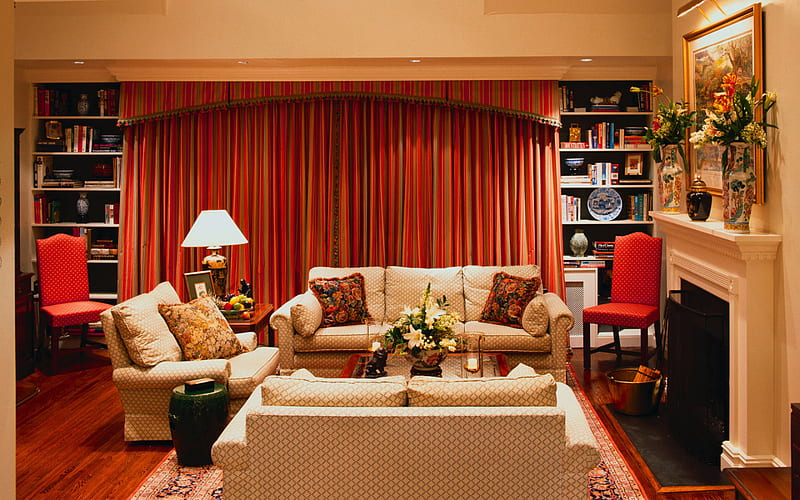 Lounge., fireplace, lounge, window, couch, chair, curtain, room, bookcase, HD wallpaper