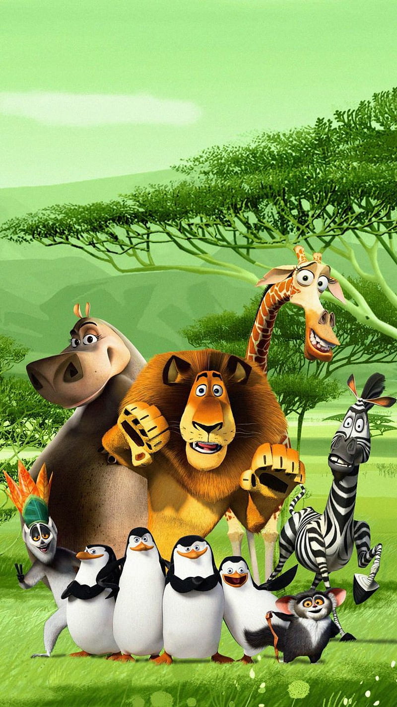 Madagascar , dream works, hippo, kids, lion, penguin, zebra, HD phone wallpaper