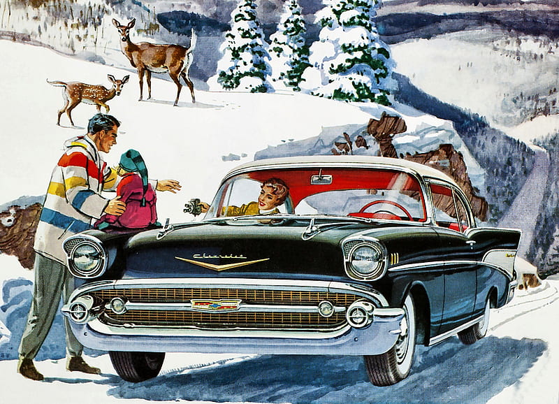 Winter Drive - Car, art, Chevrolet, bonito, illustration, artwork, deer, carros, automobile, people, painting, auto, wide screen, HD wallpaper