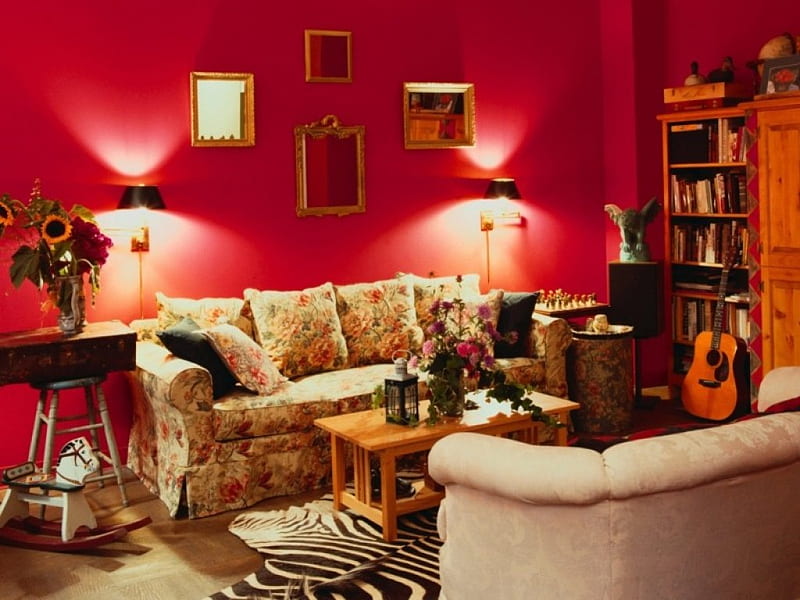 Gorgeous interior, fushia, guitar, sofas, style, HD wallpaper