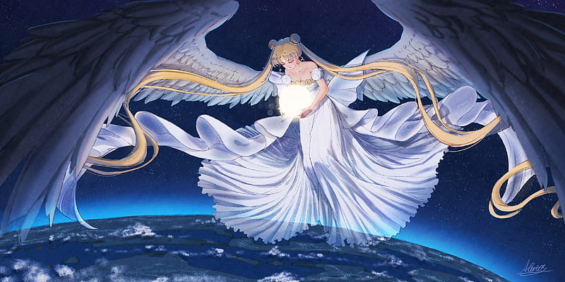 Queen Serenity, manga, sailor moon, white, atatos, wings, moon, angel,  girl, HD wallpaper | Peakpx