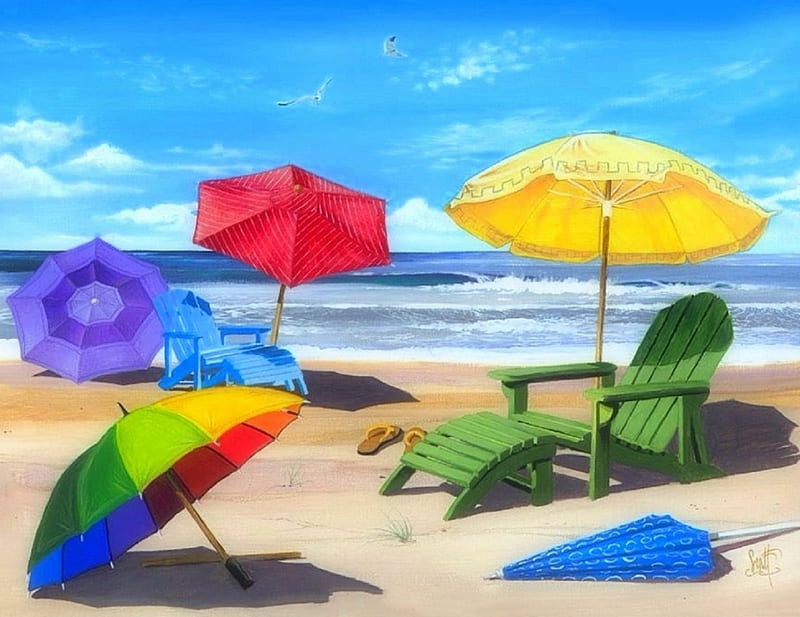 Sun Screen, umbrellas, love four seasons, attractions in dreams, creative pre-made, sky, sea, paintings, paradise, beaches, summer, chairs, seaside, nature, HD wallpaper