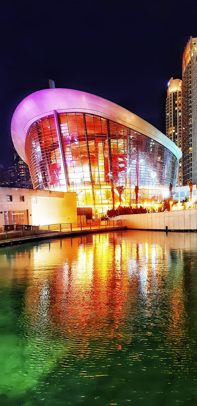 Dubai Opera, golden, light, night, night, reflection, reflejos, uae, water, HD phone wallpaper