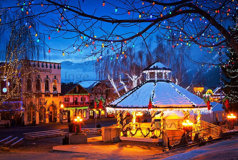 Christmas in Town, tree, houses, artwork, lights, market, HD wallpaper
