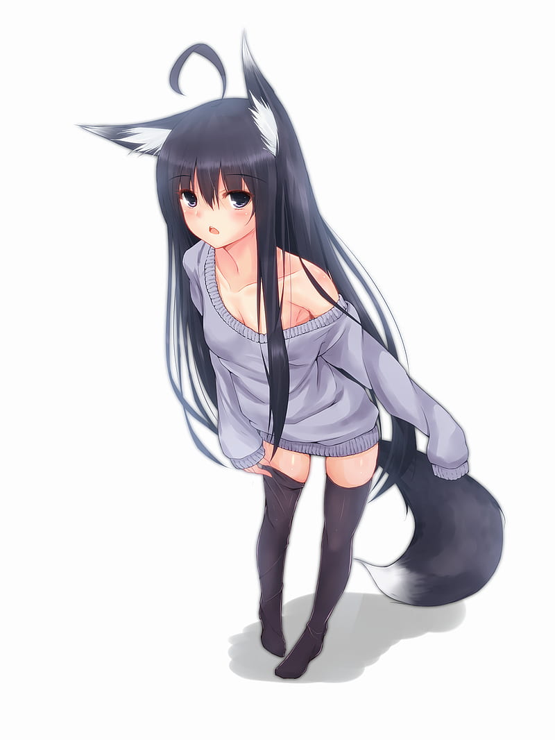anime girls, fox girl, anime, tail, animal ears, simple background, white background, HD phone wallpaper