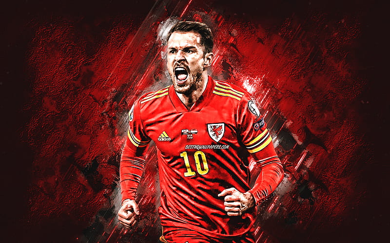 Aaron Ramsey, Wales national football team, portrait, welsh football player, midfielder, red stone background, football, HD wallpaper