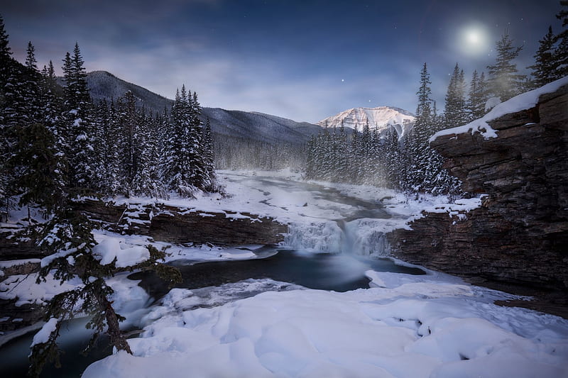 Starry Night over Frozen Mountain River, Stars, Mountains, Sky, Forests, Snow, Rivers, Nature, Winter, HD wallpaper