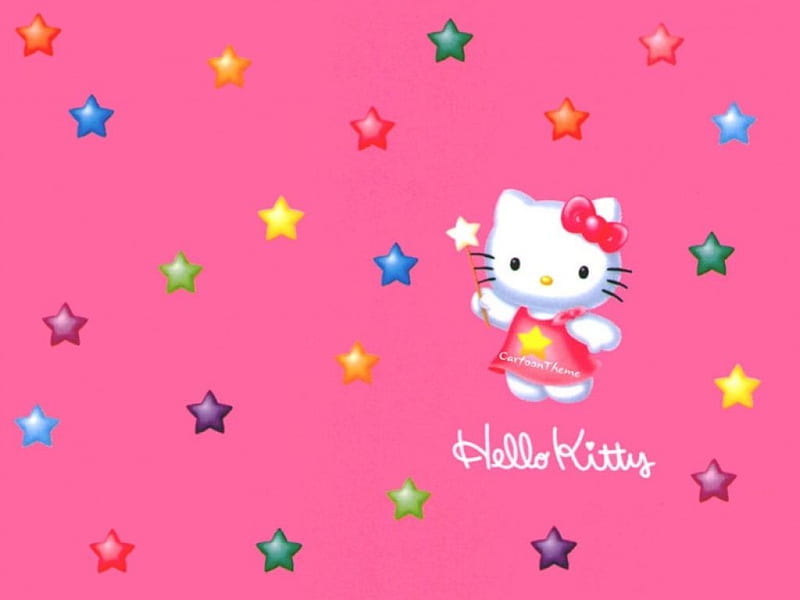 Hello Kitty, cute, stars, wand, bow, pink, HD wallpaper
