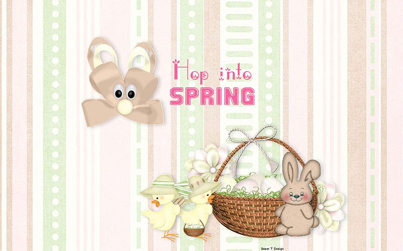 Hop Into Spring, pretty, hop, yellow, bonito, easter, pastels, spring, cute, green, basket, rabbits, bunny, chicks, white, pink, HD wallpaper