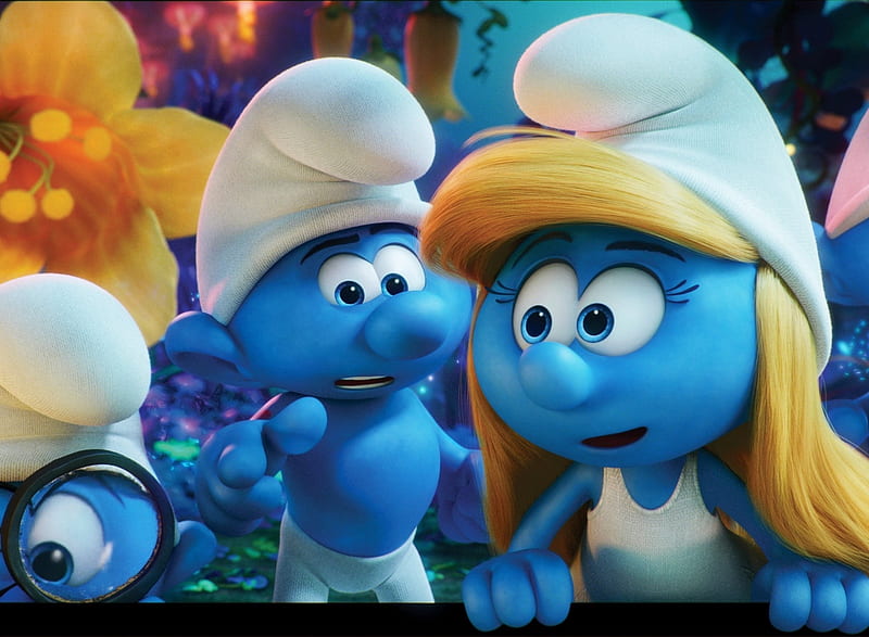 Smurfs, cute, movie, animation, yellow, white, blue, smurfette, HD wallpaper
