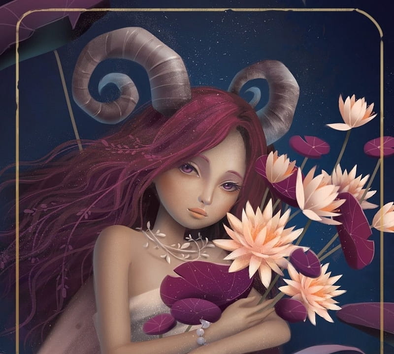 Zodiac ~ Capricorn, horns, luminos, girl, flower, zodiac, caprincorn, pink, HD wallpaper