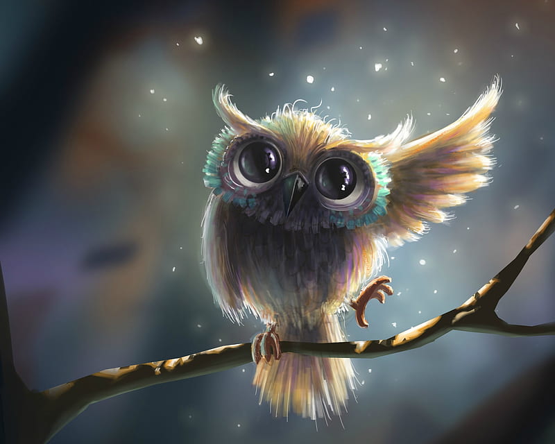 Fantasy Animals, Owl, Branch, Cute, Firefly, Night, HD wallpaper | Peakpx