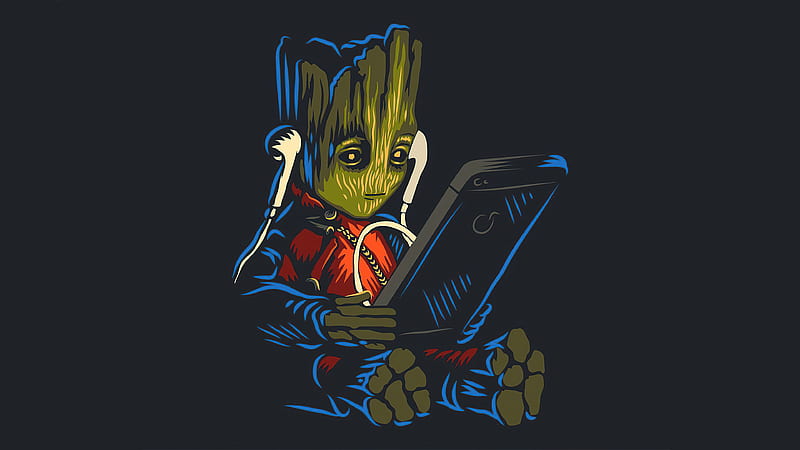 Baby Groot Listening To Music While Using Phone, baby-groot, superheroes, artwork, artist, HD wallpaper