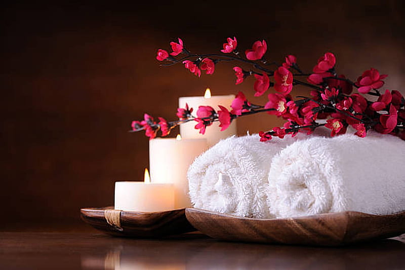 Spa treatment, Spa, Flowers, Candles, Towels, HD wallpaper