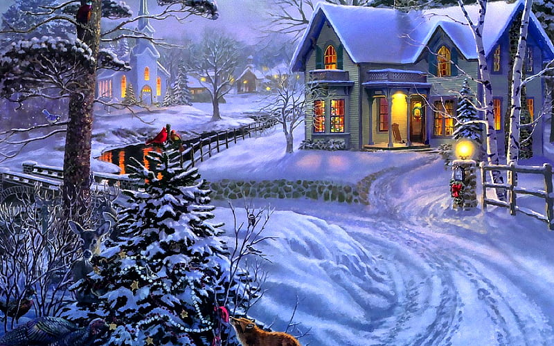 Christmas Lights, fence, house, deer, city, bridge, road, light, street, animals, night, christmas, birds, church, wall, winter, holy, fox, snow, HD wallpaper