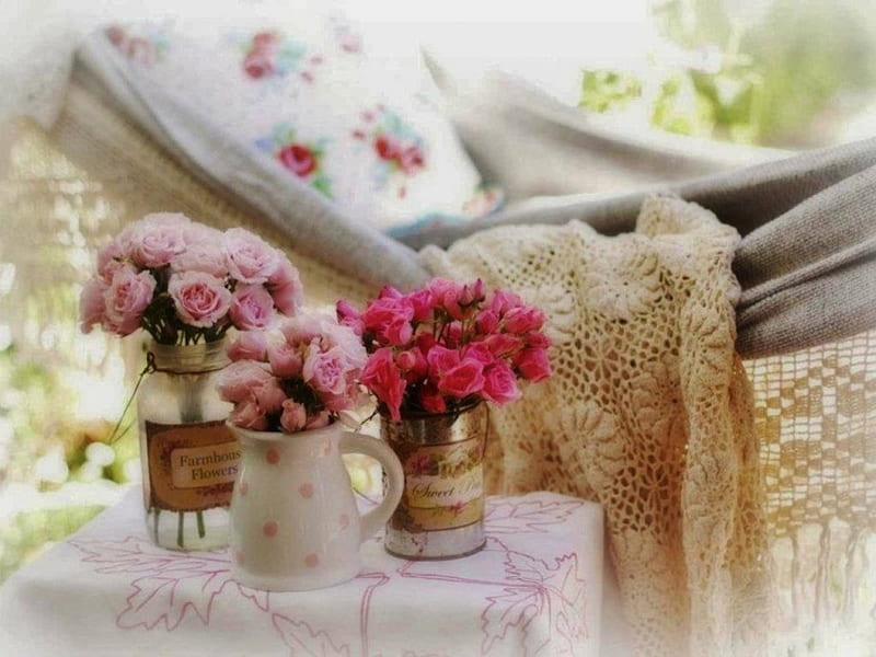 Lovely Pink Resting Area, rest, shawl, pretty, flowers, chair, soft, roses, pink, HD wallpaper