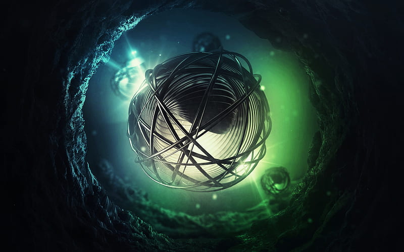 chained sphere, cave, sci-fi, magic, 3D, HD wallpaper
