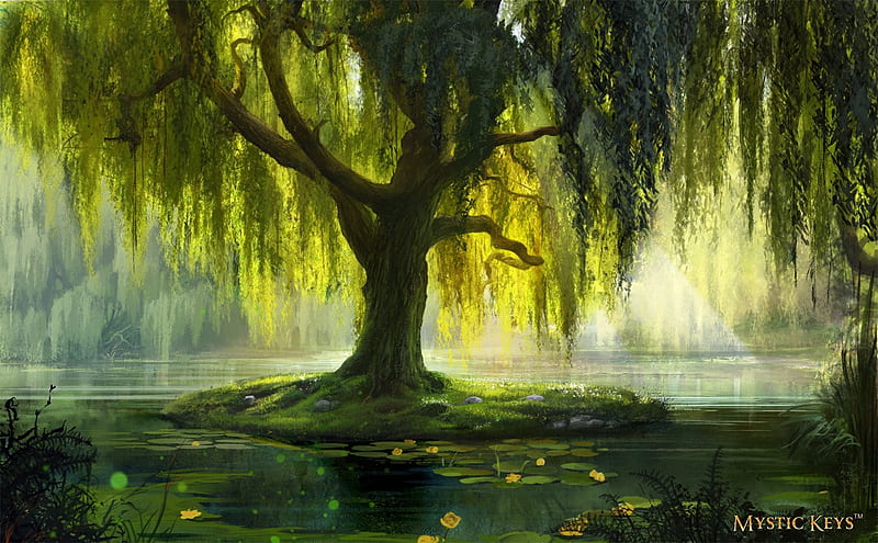 The willow tree, fantasy, tree, water, luminos, willow, green, anna  lakisova, HD wallpaper | Peakpx