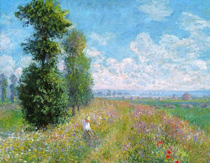 Landscape, cloud, Claude Monet, sky, tree, girl, green, summer, white, pictura, field, blue, HD wallpaper