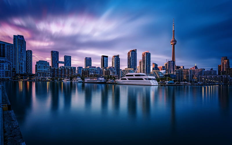 CN Tower, Toronto, Inner Harbour, Canada, Sunset, bay, yachts, HD wallpaper