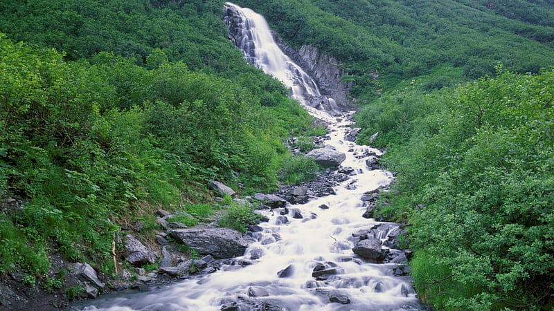 seasonal waterfall in chugach mountains alaska, mountain, rocks, waterfall, forest, HD wallpaper