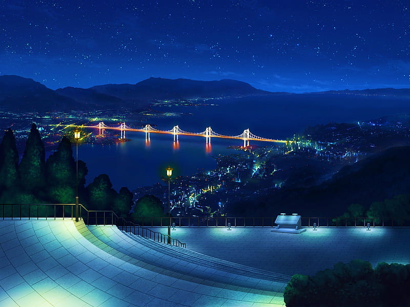 Night City, stars, city, scenic, over view, rui wa tomo wo yobu, night, landscape, HD wallpaper