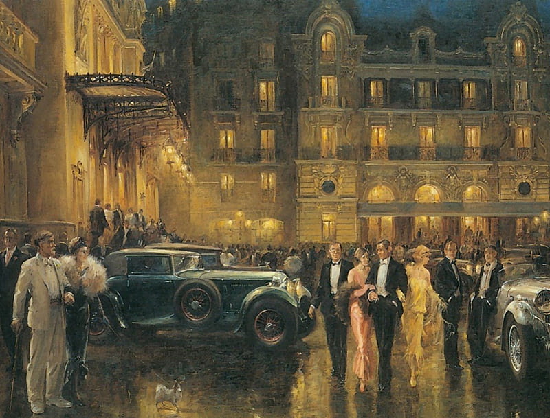 Elegance and style by Alan Fearnley, lantern, paris, woman, city, elegance, car, painting, party, evening, light, vintage, night, art, black, man, retro, lady, white, alan fearnley, style, HD wallpaper
