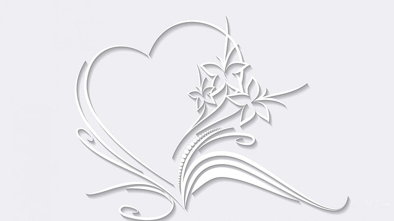 Paper Heart & Flower, gray, paper cut out, black and white, floral, Valentines Day, 3D, heart, flower, simple, HD wallpaper