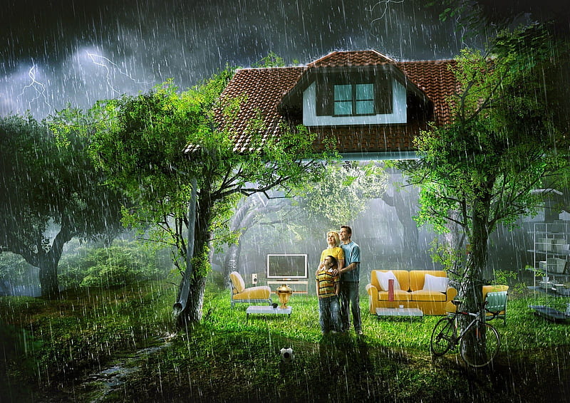Rainy day, family, house, luminos, creative, mother, father, tree, fantasy, green, child, rain, HD wallpaper