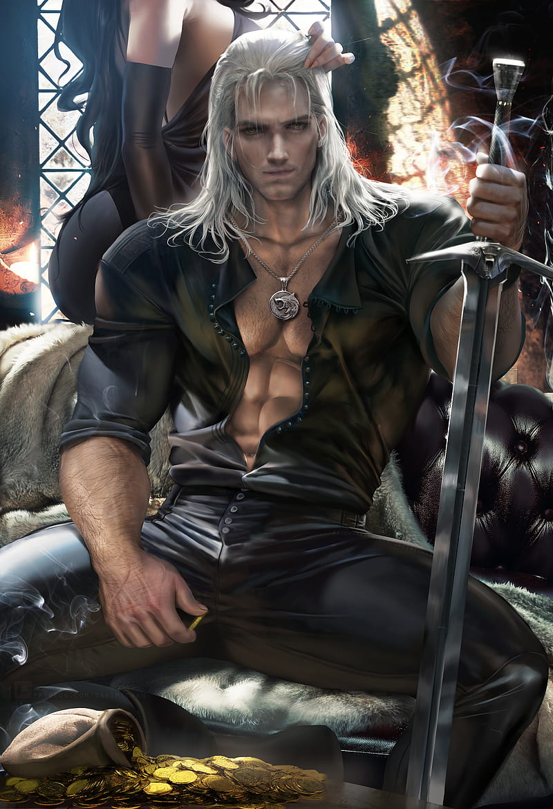 Geralt of Rivia, Yennefer of Vengerberg, The Witcher, video games, video game characters, men, women, brunette, long hair, black dress, white hair, looking at viewer, yellow eyes, Fantasy Men, necklace, muscles, 6-pack, shirt, open shirt, pants, black clothing, sword, weapon, smoke, coins, gold, money, sitting, portrait display, vertical, couch, artwork, drawing, digital art, illustration, fan art, Sakimichan, frontal view, HD phone wallpaper