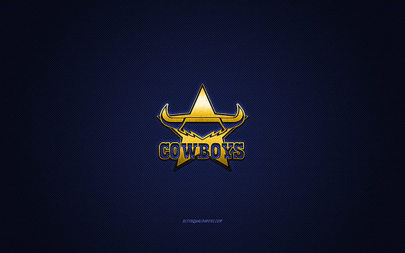 North Queensland Cowboys, Australian rugby club, NRL, yellow logo, blue carbon fiber background, National Rugby League, rugby, Townsville, Australia, North Queensland Cowboys logo, HD wallpaper