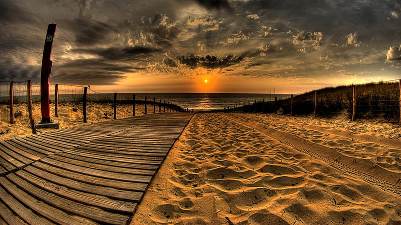 Wooden Path And Sand With Fence Leading To Body Of Water Under Black Cloudy Sky Beautiful, HD wallpaper