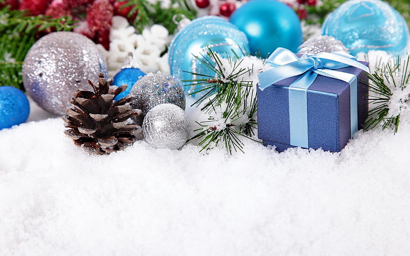 Christmas, Christmas balls, new year, gift, snow, pine cone, HD wallpaper