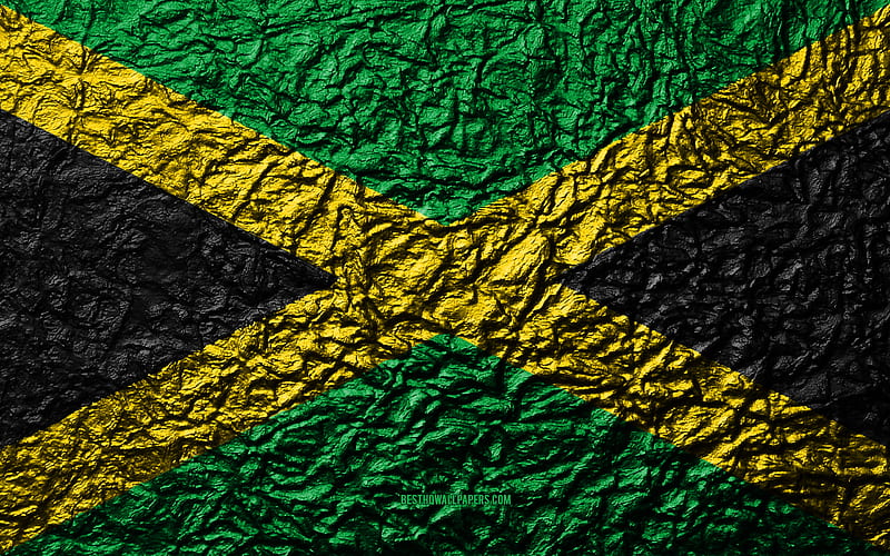 Flag of Jamaica stone texture, waves texture, Jamaica flag, national symbol, Jamaica, North America, stone background, HD wallpaper