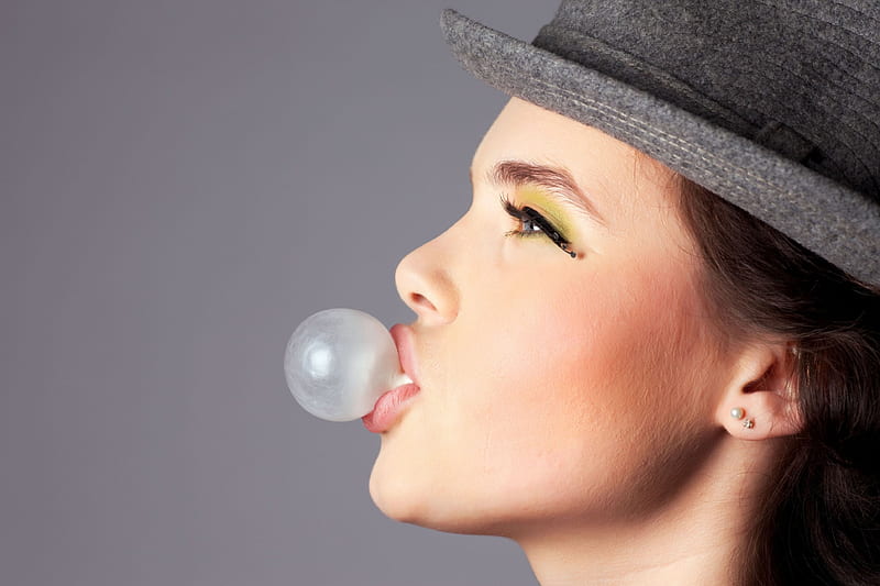 Basic Rules, girl, closeup, face, chewing gum, hat, HD wallpaper
