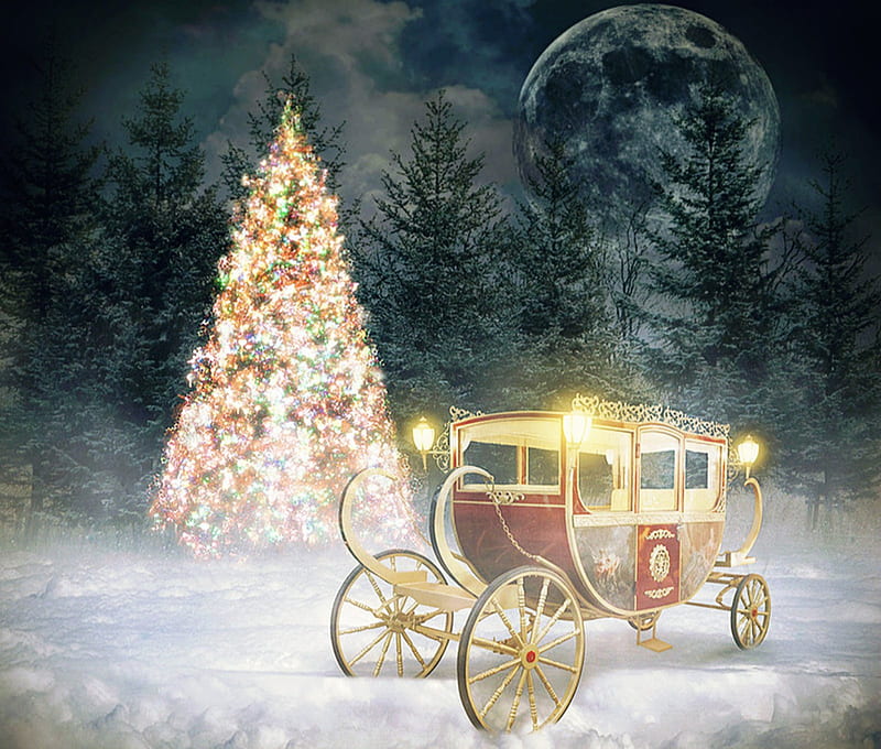 Ready for Christmas, tree, moon, christmas, chariot, snow, HD wallpaper