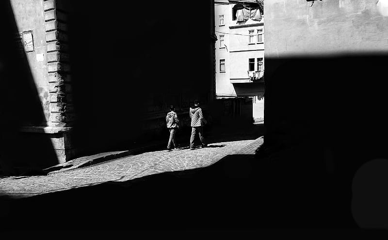 Grayscale of 2 Women Walking on Street, HD wallpaper