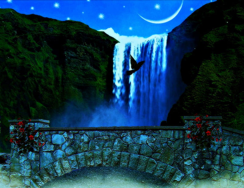 *Mysterious Beauty*, stunning, premade BG, panoramic view, bonito, valley, moon, stock , heaven, flowers, resources, stars, colors, love four seasons, creative pre-made, sky, roses, waterfalls, cool, bird, crescent, backgrounds, nature, HD wallpaper