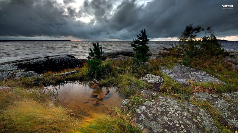 storm brewing over the sea, rocks, shore, clouds, storm, sea, HD wallpaper